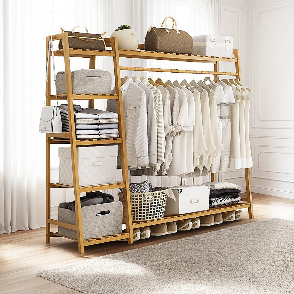 Clothing & Wardrobe Storage: Portable Clothes Rack Coat Garment Stand Bamboo Rail Hanger Airer Closet
