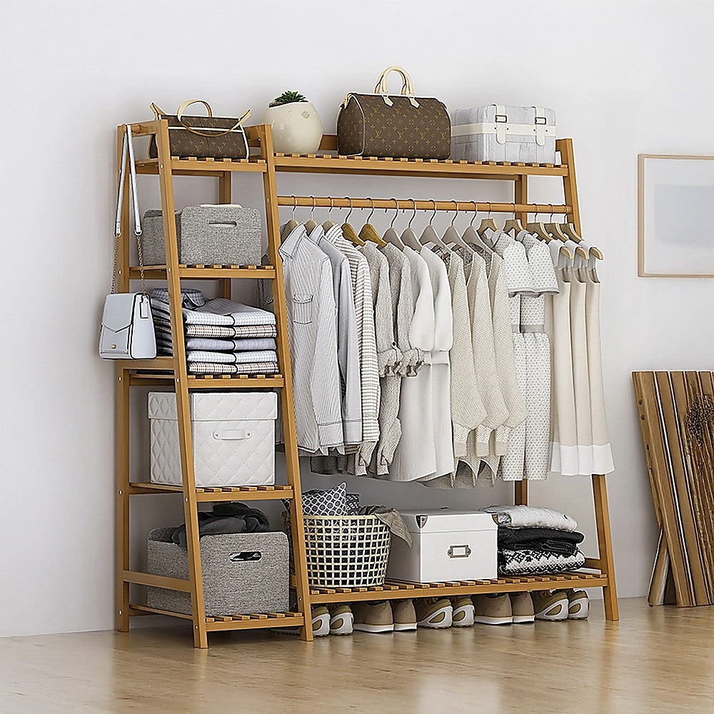 Clothing & Wardrobe Storage: Portable Clothes Rack Coat Garment Stand Bamboo Rail Hanger Airer Closet