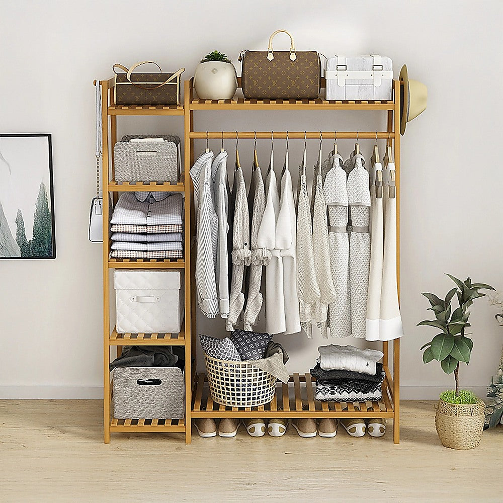 Clothing & Wardrobe Storage: Portable Clothes Rack Coat Garment Stand Bamboo Rail Hanger Airer Closet