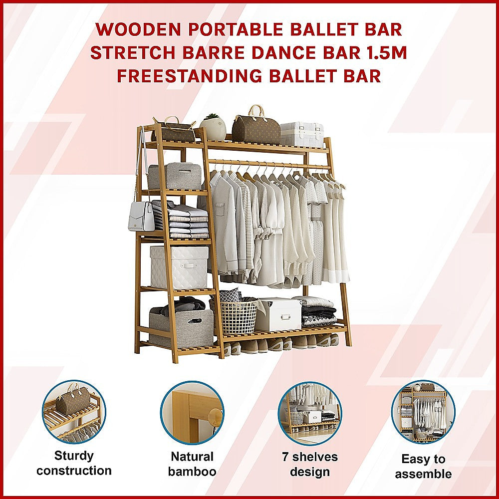 Clothing & Wardrobe Storage: Portable Clothes Rack Coat Garment Stand Bamboo Rail Hanger Airer Closet