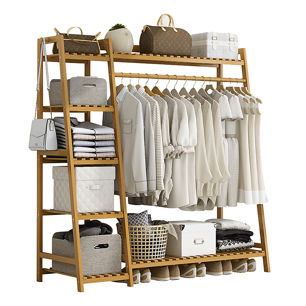 Clothing & Wardrobe Storage: Portable Clothes Rack Coat Garment Stand Bamboo Rail Hanger Airer Closet