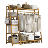 Clothing & Wardrobe Storage: Portable Clothes Rack Coat Garment Stand Bamboo Rail Hanger Airer Closet