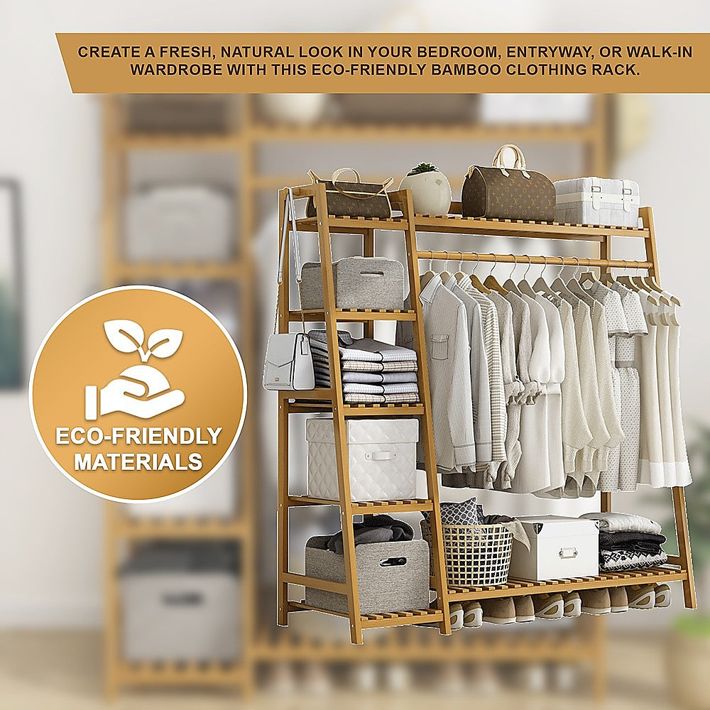 Clothing & Wardrobe Storage: Portable Clothes Rack Coat Garment Stand Bamboo Rail Hanger Airer Closet