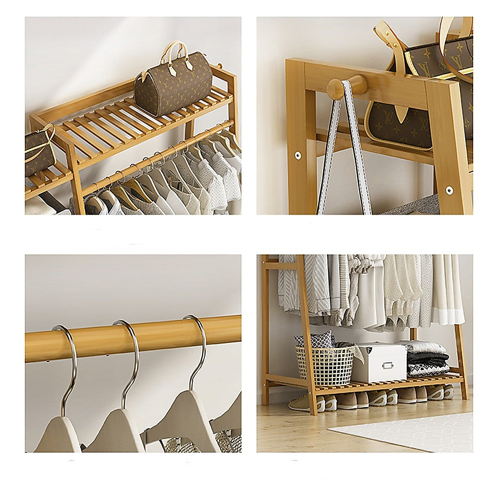 Clothing & Wardrobe Storage: Portable Clothes Rack Coat Garment Stand Bamboo Rail Hanger Airer Closet