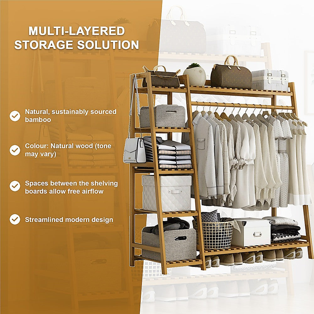 Clothing & Wardrobe Storage: Portable Clothes Rack Coat Garment Stand Bamboo Rail Hanger Airer Closet