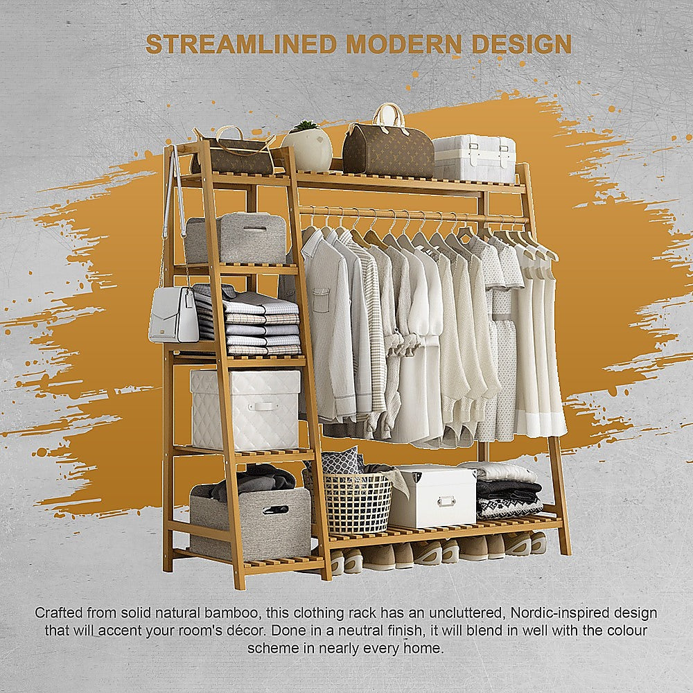 Clothing & Wardrobe Storage: Portable Clothes Rack Coat Garment Stand Bamboo Rail Hanger Airer Closet