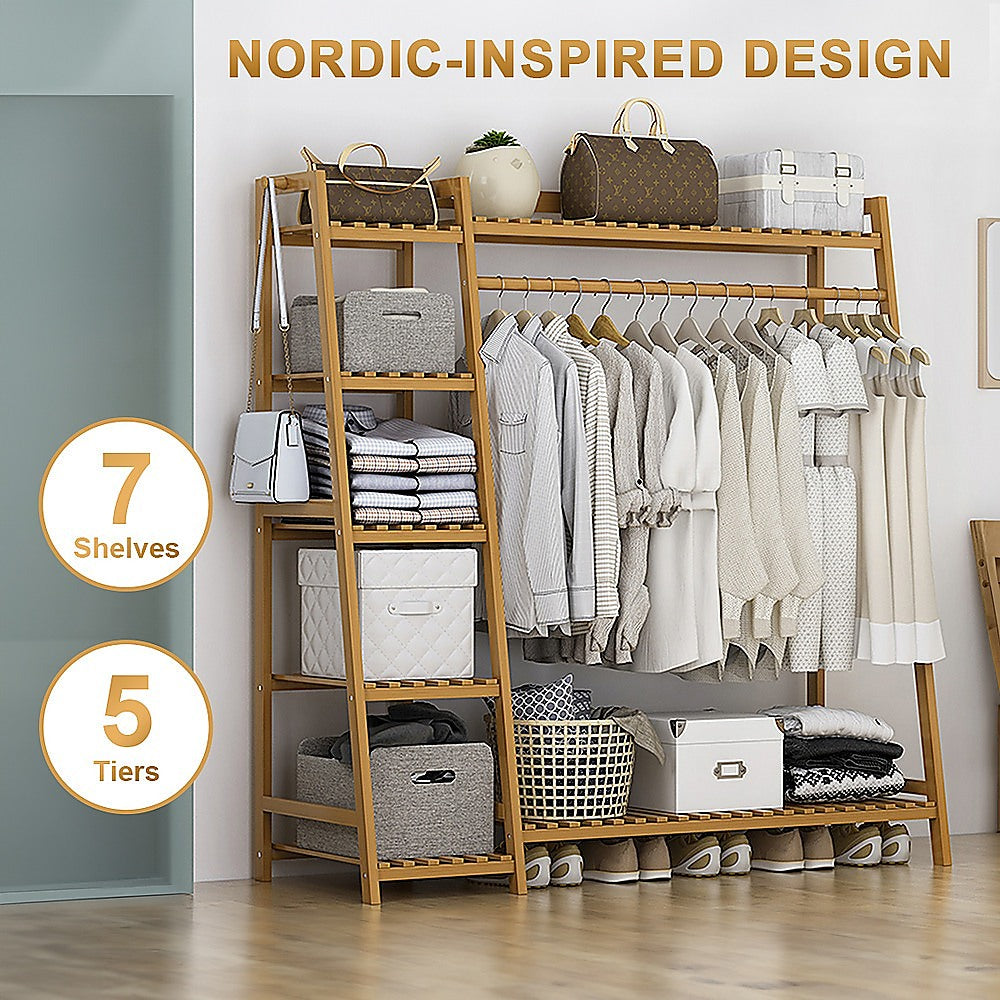 Clothing & Wardrobe Storage: Portable Clothes Rack Coat Garment Stand Bamboo Rail Hanger Airer Closet