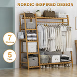 Clothing & Wardrobe Storage: Portable Clothes Rack Coat Garment Stand Bamboo Rail Hanger Airer Closet
