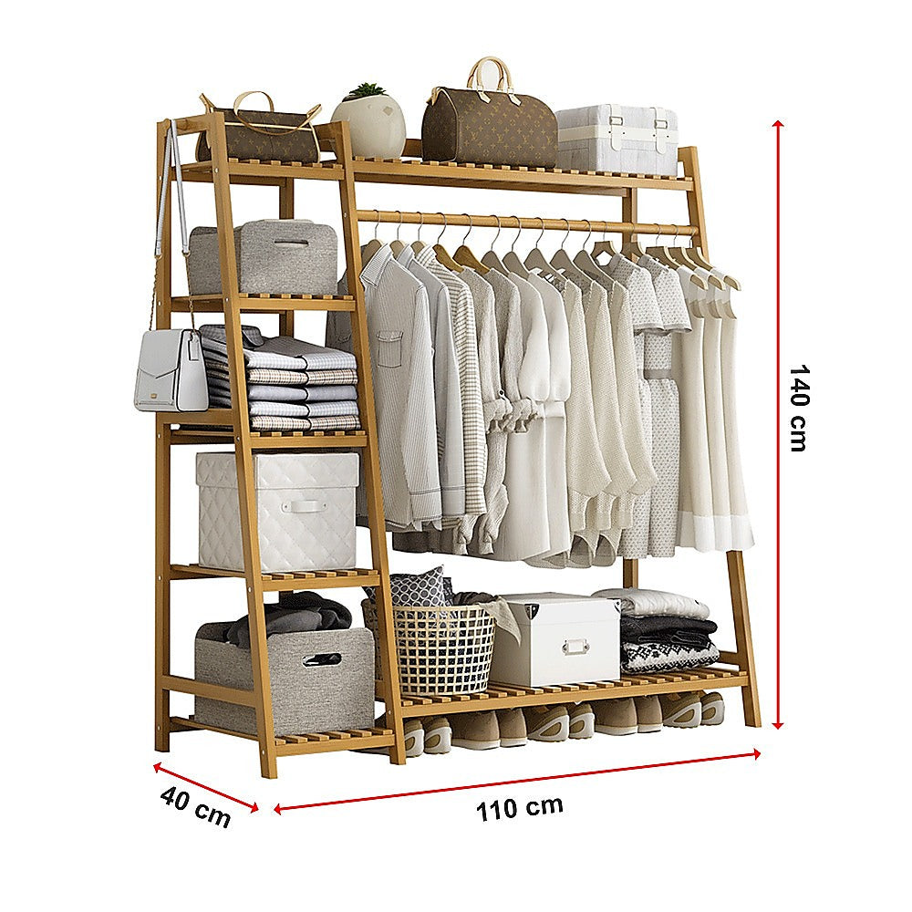 Clothing & Wardrobe Storage: Portable Clothes Rack Coat Garment Stand Bamboo Rail Hanger Airer Closet