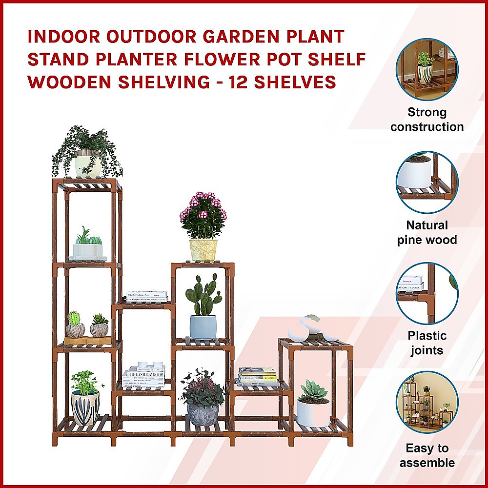 Pots, Planters & Accessories: Indoor Outdoor Garden Plant Stand Planter Flower Pot Shelf Wooden Shelving - 12 Shelves