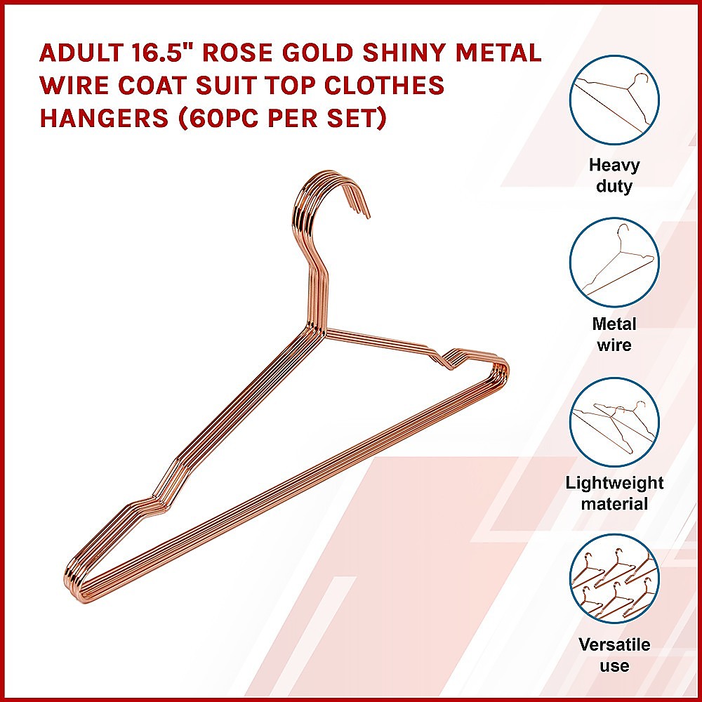 Drying Racks & Hangers: Adult 16.5" Rose Gold Shiny Metal Wire Coat Suit Top Clothes Hangers (60pc per set)
