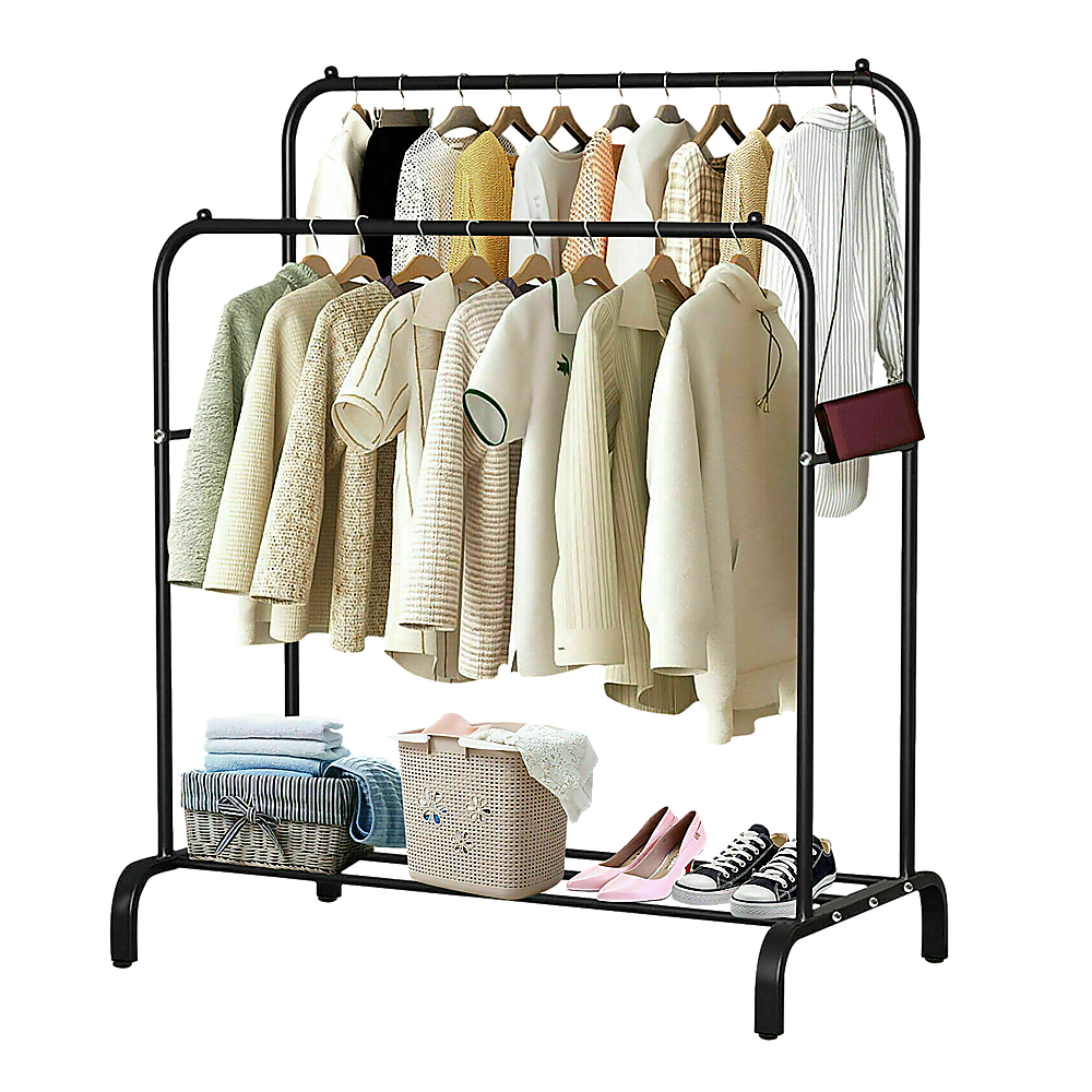Clothing & Wardrobe Storage: Heavy Metal Double Clothes Rail Hanging Rack Garment Display Stand Storage Shelf
