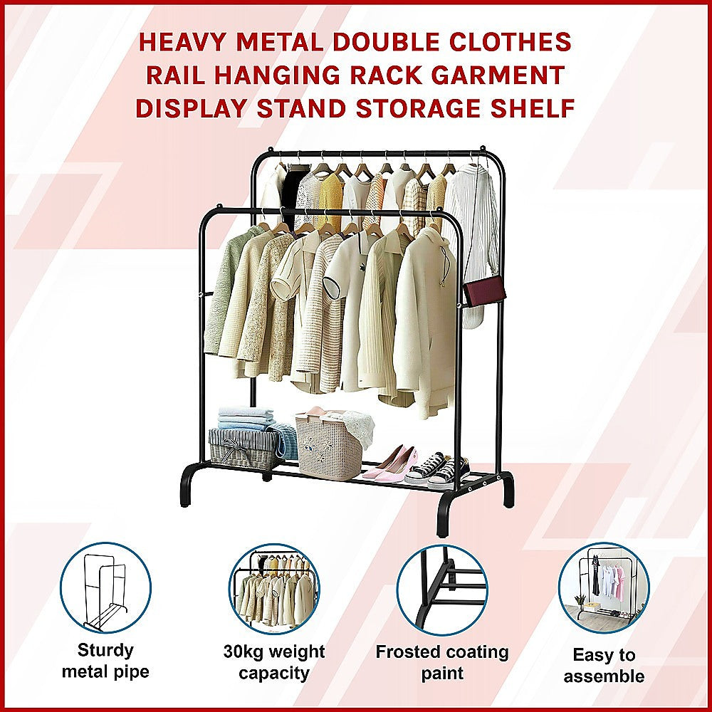 Clothing & Wardrobe Storage: Heavy Metal Double Clothes Rail Hanging Rack Garment Display Stand Storage Shelf