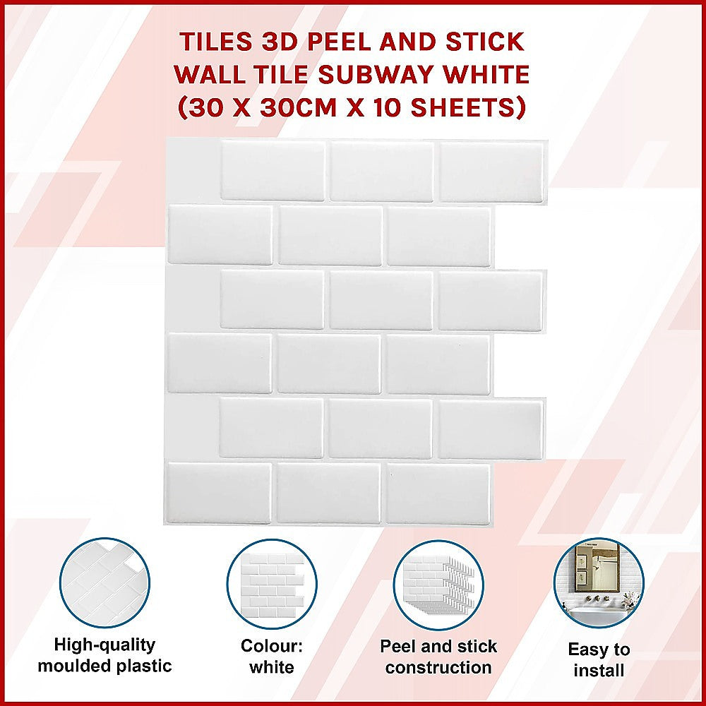 Building Materials: Tiles 3D Peel and Stick Wall Tile Subway White (30 x 30cm x 10 sheets)