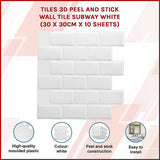 Building Materials: Tiles 3D Peel and Stick Wall Tile Subway White (30 x 30cm x 10 sheets)