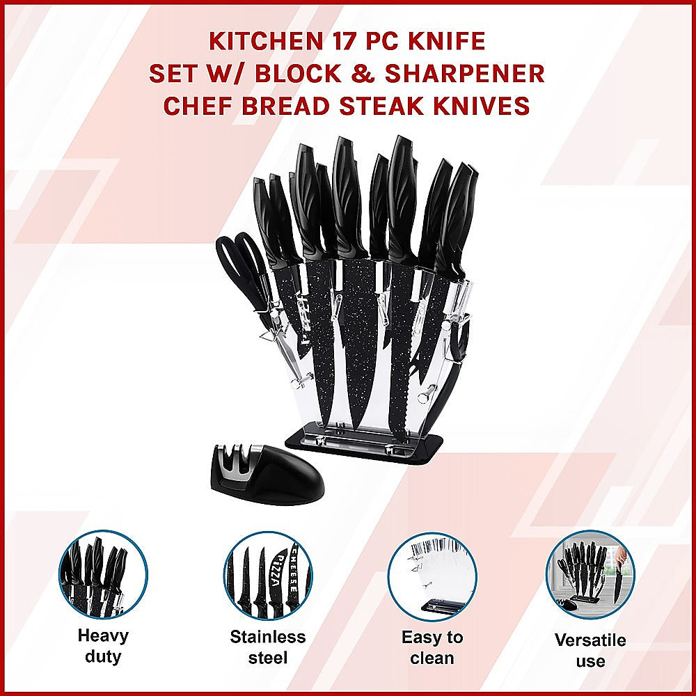 Kitchen Utensils: Kitchen 17 Piece Knife Set with Block and Sharpener Chef Knives
