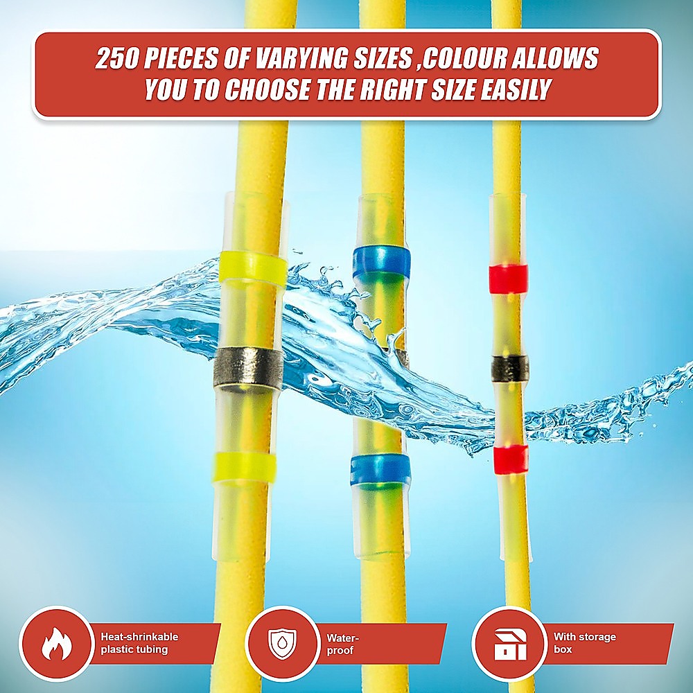 Masonry Tools: 250PCS Waterproof Solder Seal Sleeve Heat Shrink Butt Wire Connectors Terminals
