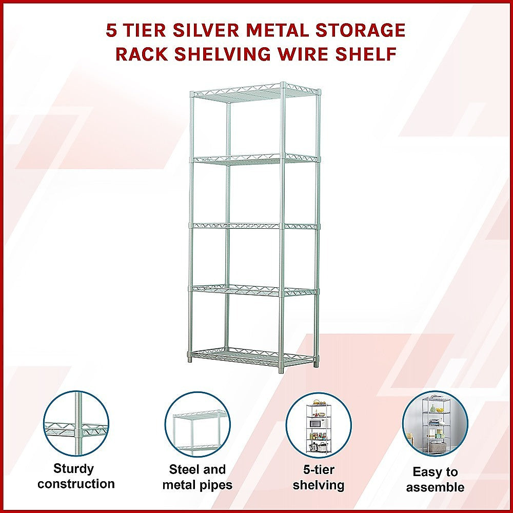 Storage Cabinets: 5 Tier Silver Metal Storage Rack Shelving Wire Shelf