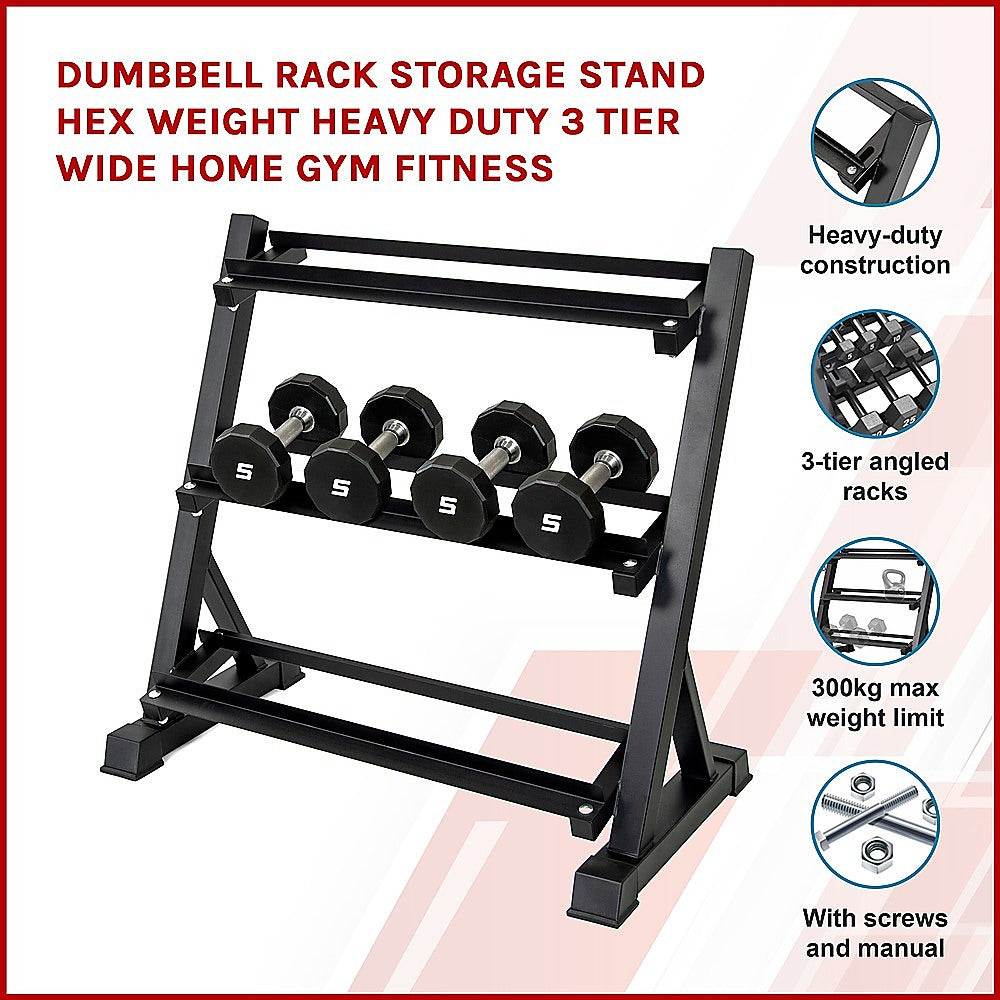 Gym Equipment & Accessories: Dumbbell Rack Storage Stand Hex Weight Heavy Duty 3 Tier Wide Home Gym Fitness
