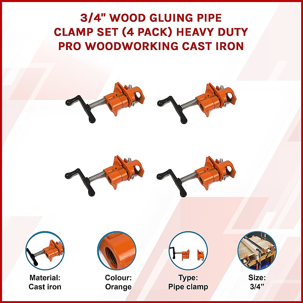 Tool Clamps & Vices: 3/4" Wood Gluing Pipe Clamp Set (4 Pack) Heavy Duty PRO Woodworking Cast Iron