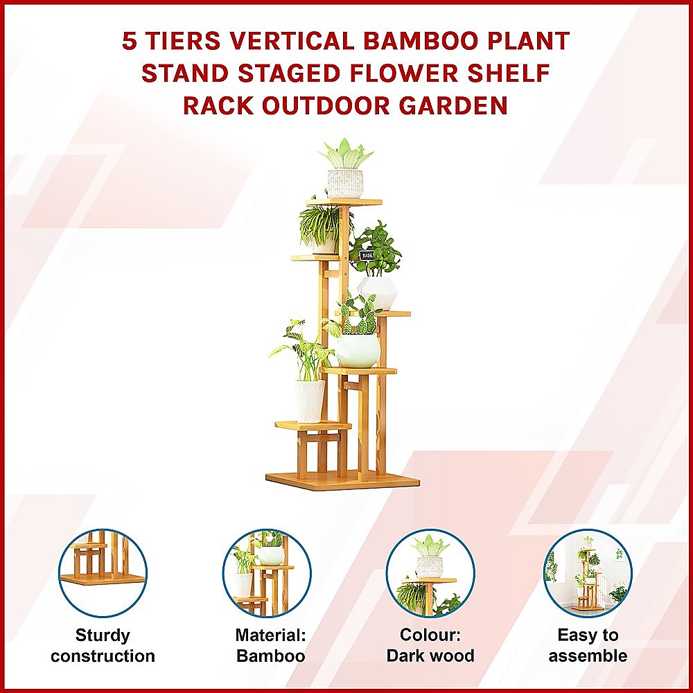 Sofas & Sofa Beds: 5 Tiers Vertical Bamboo Plant Stand Staged Flower Shelf Rack Outdoor Garden