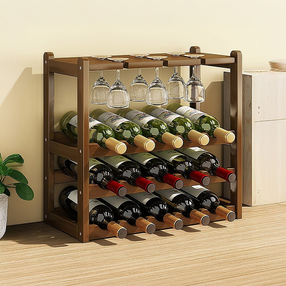 Wine Racks: Bamboo Wine Rack Free Standing 15 Bottles with 6 Glasses Holder Storage in Dark Brown