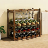 Wine Racks: Bamboo Wine Rack Free Standing 15 Bottles with 6 Glasses Holder Storage in Dark Brown