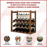 Wine Racks: Bamboo Wine Rack Free Standing 15 Bottles with 6 Glasses Holder Storage in Dark Brown