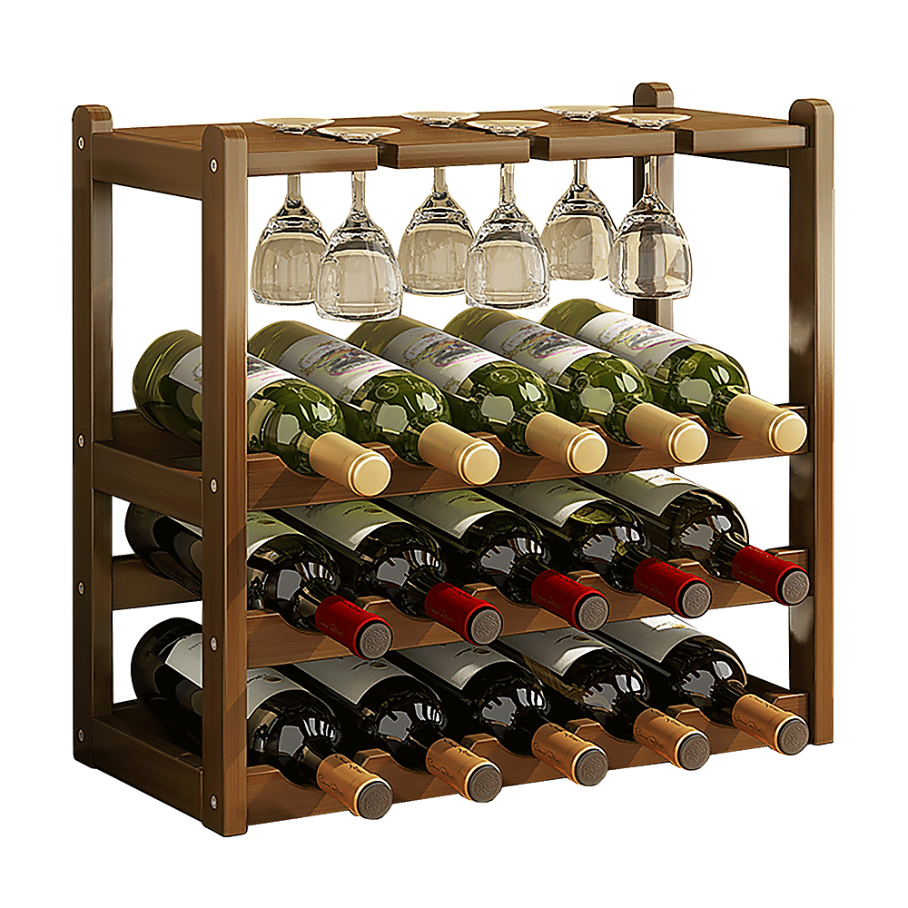 Wine Racks: Bamboo Wine Rack Free Standing 15 Bottles with 6 Glasses Holder Storage in Dark Brown