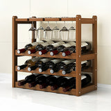 Wine Racks: Bamboo Wine Rack Free Standing 15 Bottles with 6 Glasses Holder Storage in Dark Brown