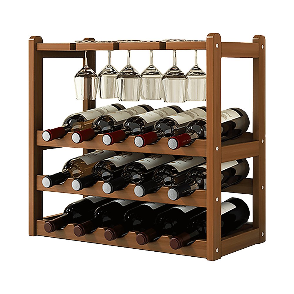 Wine Racks: Bamboo Wine Rack Free Standing 15 Bottles with 6 Glasses Holder Storage in Dark Brown