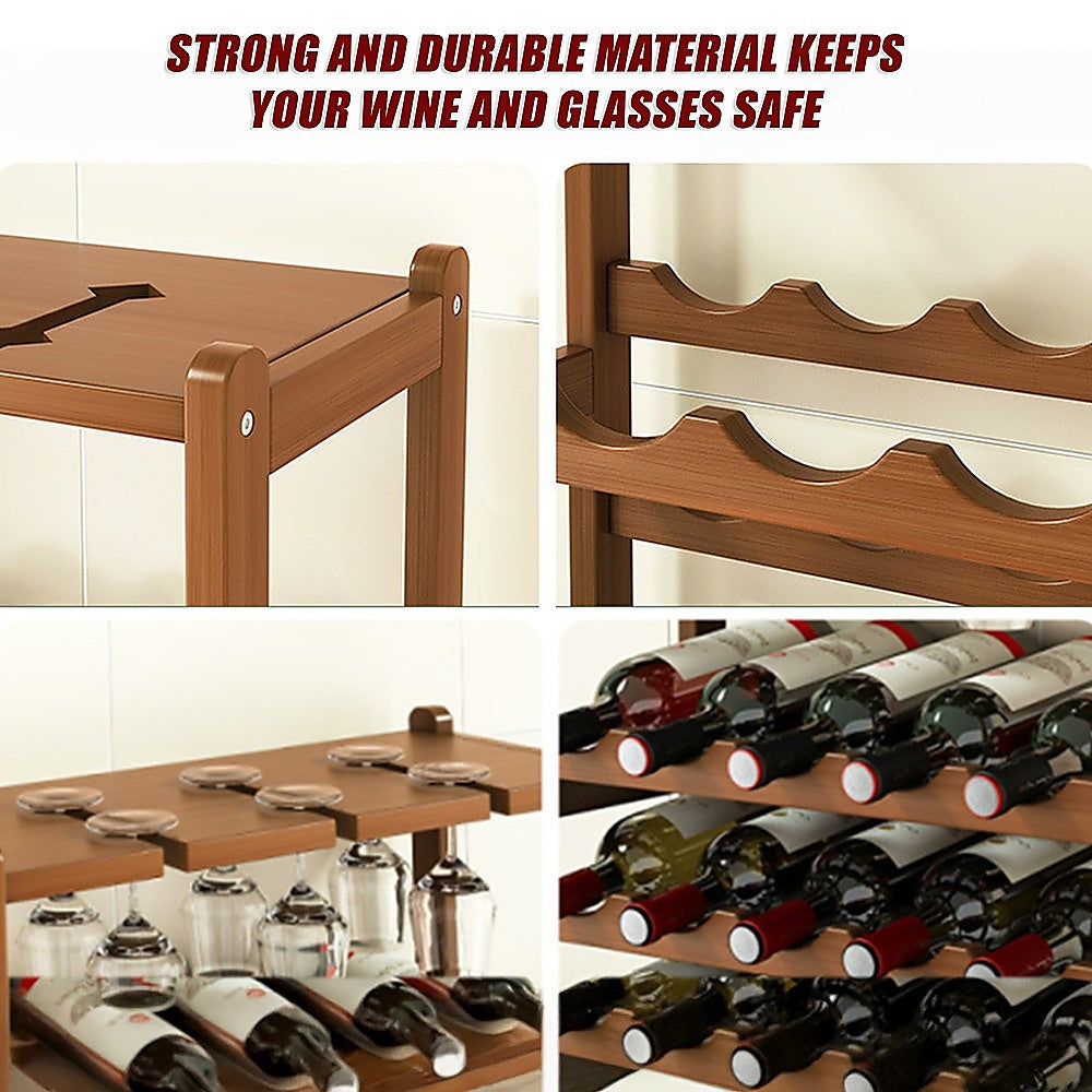 Wine Racks: Bamboo Wine Rack Free Standing 15 Bottles with 6 Glasses Holder Storage in Dark Brown
