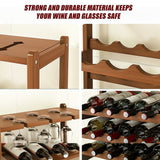 Wine Racks: Bamboo Wine Rack Free Standing 15 Bottles with 6 Glasses Holder Storage in Dark Brown