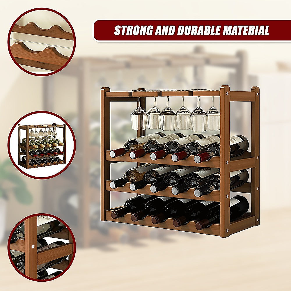 Wine Racks: Bamboo Wine Rack Free Standing 15 Bottles with 6 Glasses Holder Storage in Dark Brown