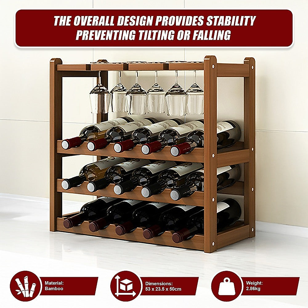 Wine Racks: Bamboo Wine Rack Free Standing 15 Bottles with 6 Glasses Holder Storage in Dark Brown