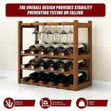 Wine Racks: Bamboo Wine Rack Free Standing 15 Bottles with 6 Glasses Holder Storage in Dark Brown
