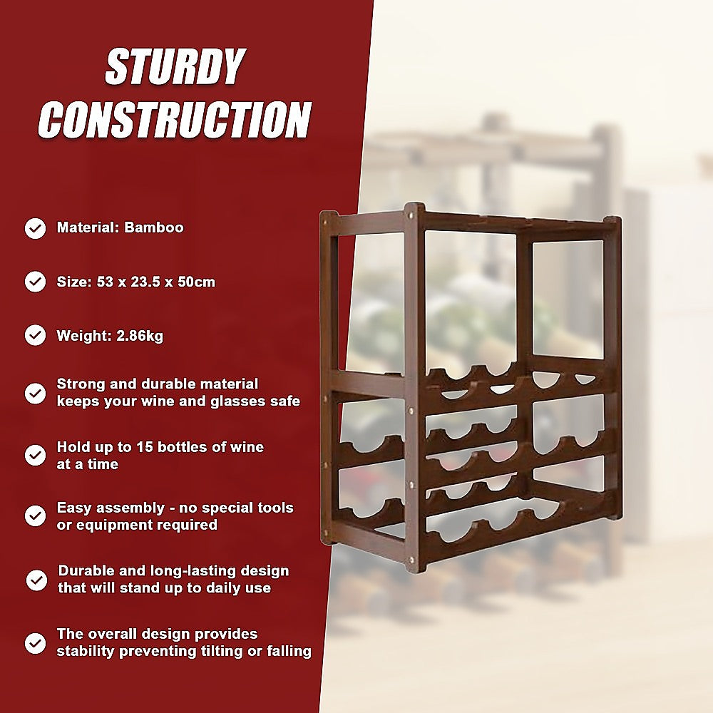 Wine Racks: Bamboo Wine Rack Free Standing 15 Bottles with 6 Glasses Holder Storage in Dark Brown