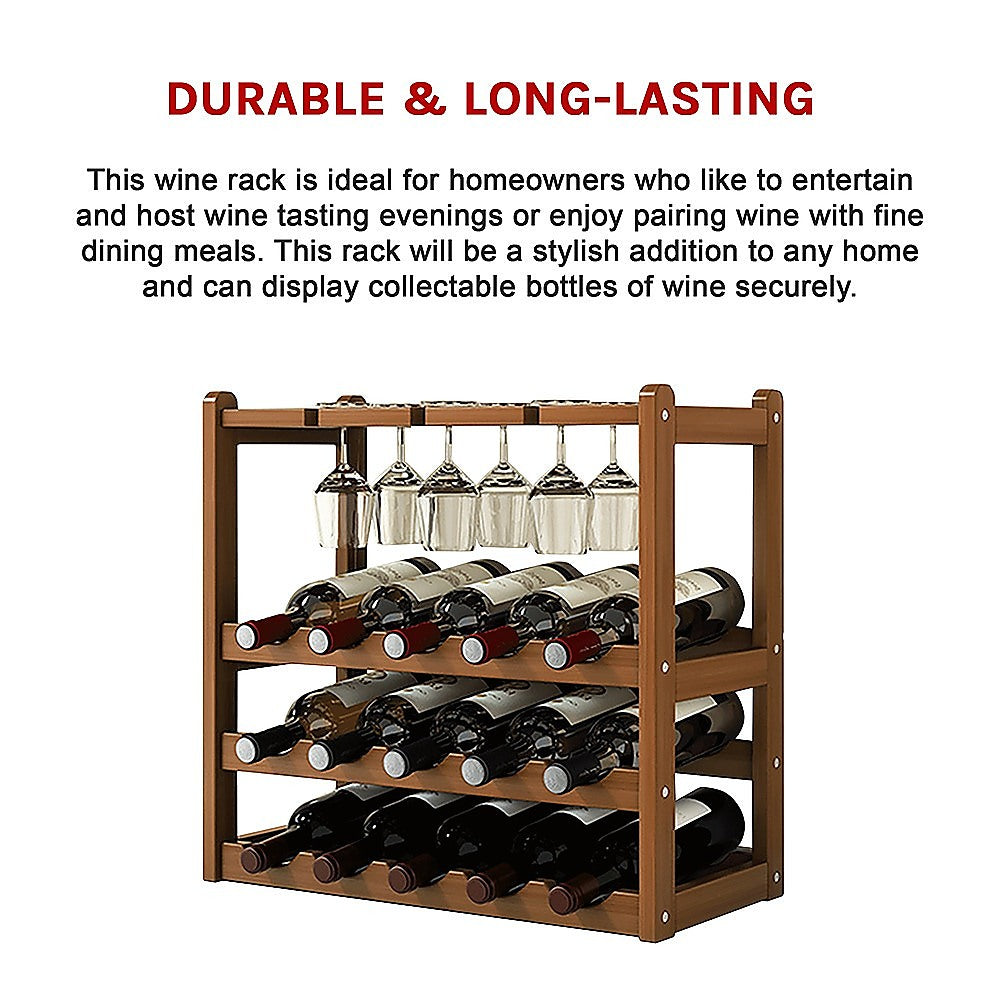 Wine Racks: Bamboo Wine Rack Free Standing 15 Bottles with 6 Glasses Holder Storage in Dark Brown