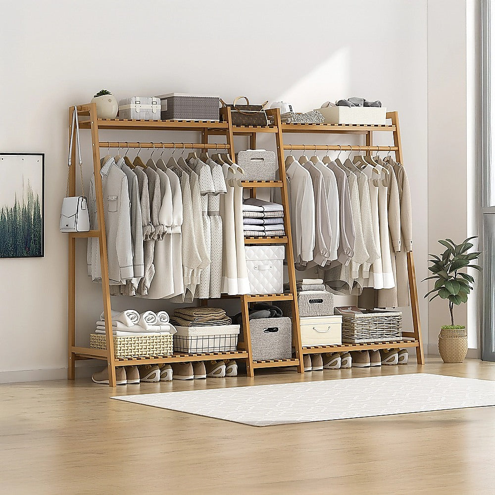 Clothing & Wardrobe Storage: Portable Clothes Rack Coat Garment Stand Bamboo Rail Hanger Airer Closet