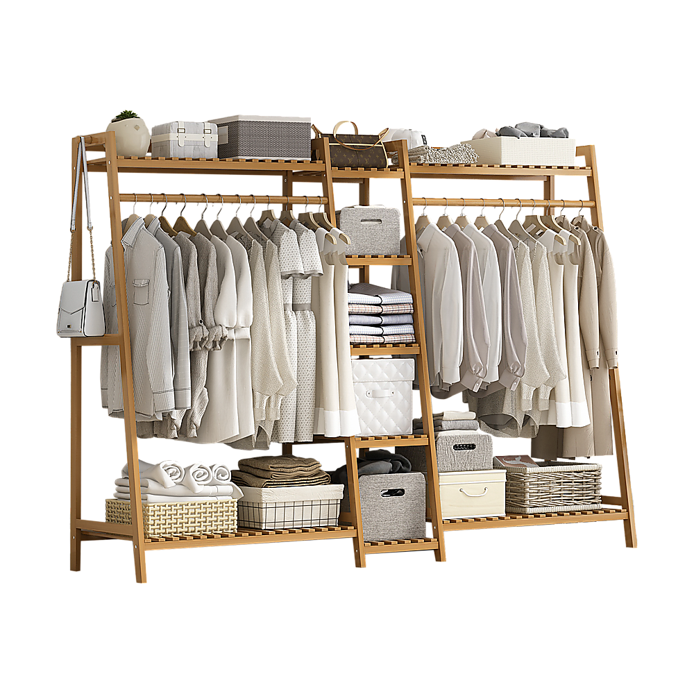 Clothing & Wardrobe Storage: Portable Clothes Rack Coat Garment Stand Bamboo Rail Hanger Airer Closet