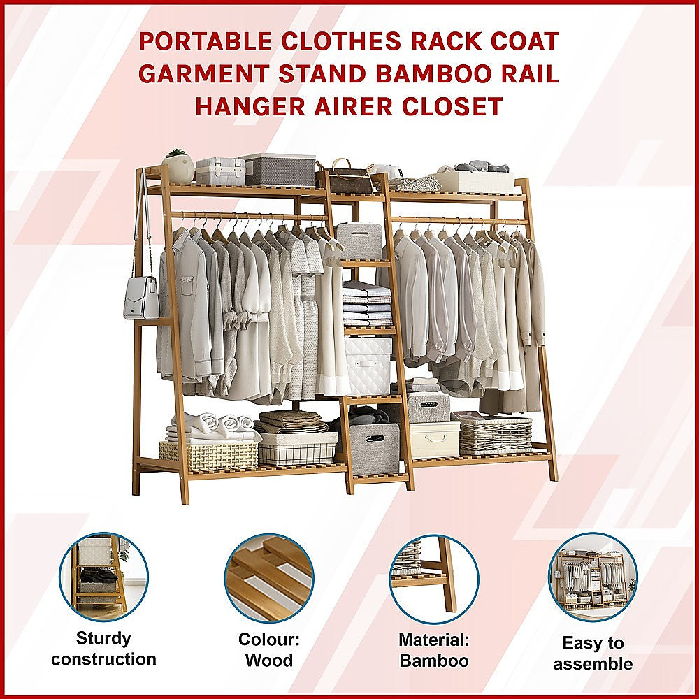 Clothing & Wardrobe Storage: Portable Clothes Rack Coat Garment Stand Bamboo Rail Hanger Airer Closet