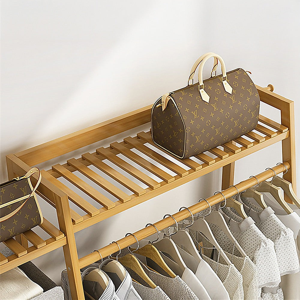 Clothing & Wardrobe Storage: Portable Clothes Rack Coat Garment Stand Bamboo Rail Hanger Airer Closet