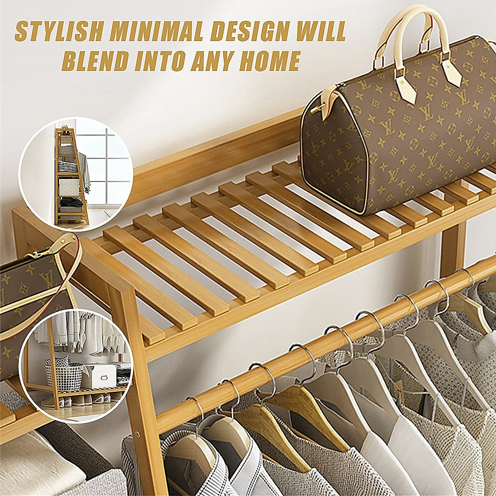Clothing & Wardrobe Storage: Portable Clothes Rack Coat Garment Stand Bamboo Rail Hanger Airer Closet
