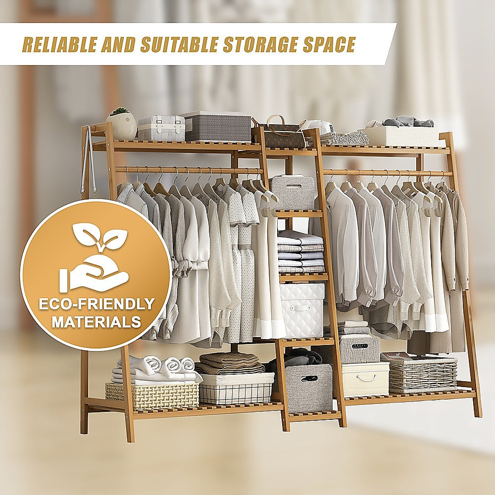 Clothing & Wardrobe Storage: Portable Clothes Rack Coat Garment Stand Bamboo Rail Hanger Airer Closet