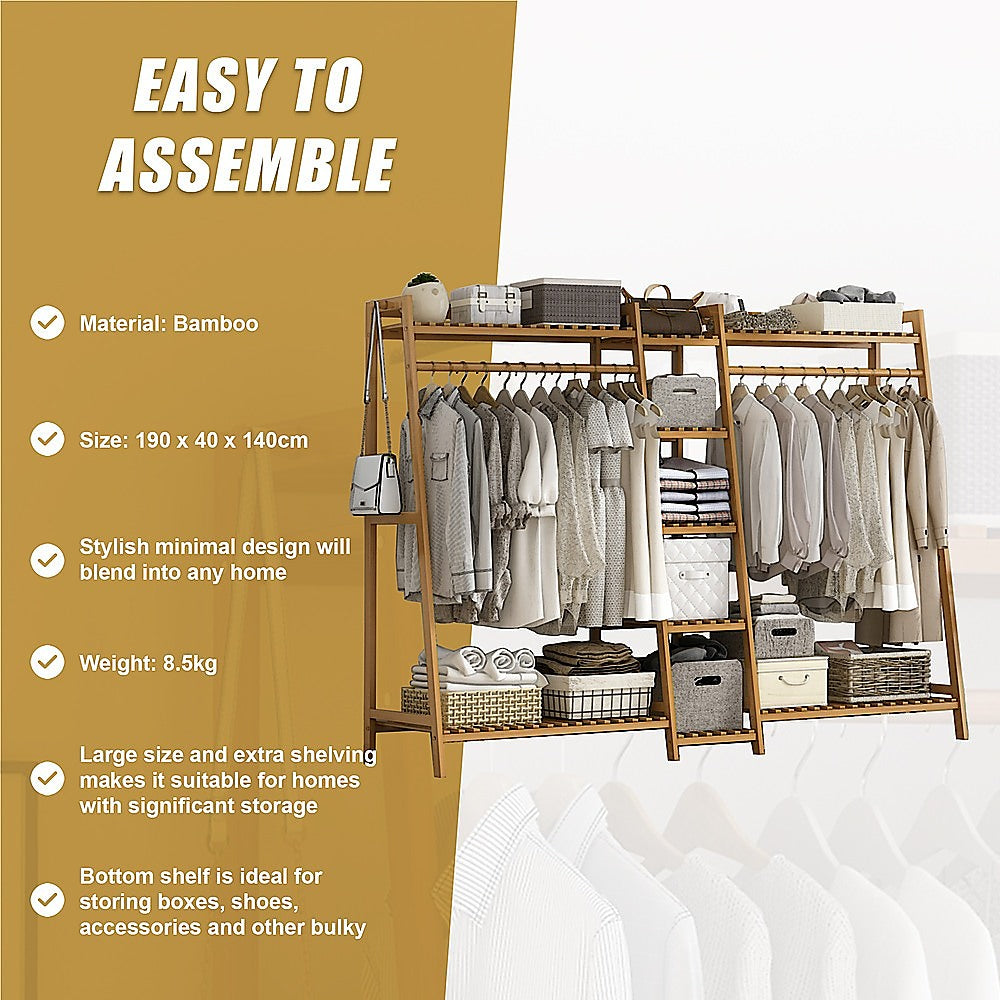 Clothing & Wardrobe Storage: Portable Clothes Rack Coat Garment Stand Bamboo Rail Hanger Airer Closet