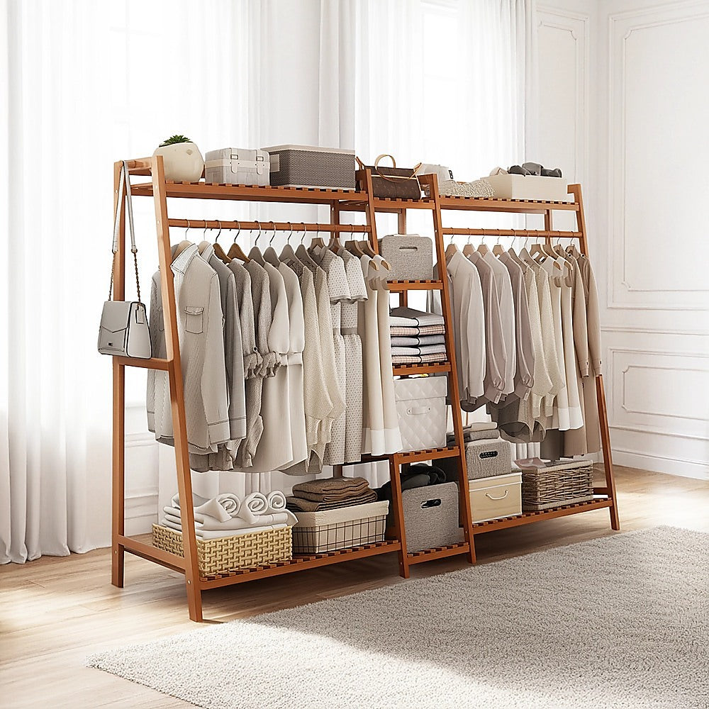 Clothing & Wardrobe Storage: Portable Clothes Rack Coat Garment Stand Bamboo Rail Hanger Airer Closet