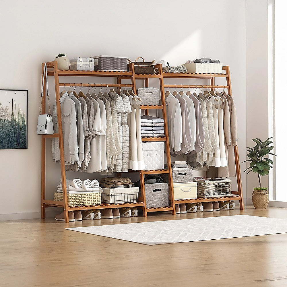 Clothing & Wardrobe Storage: Portable Clothes Rack Coat Garment Stand Bamboo Rail Hanger Airer Closet