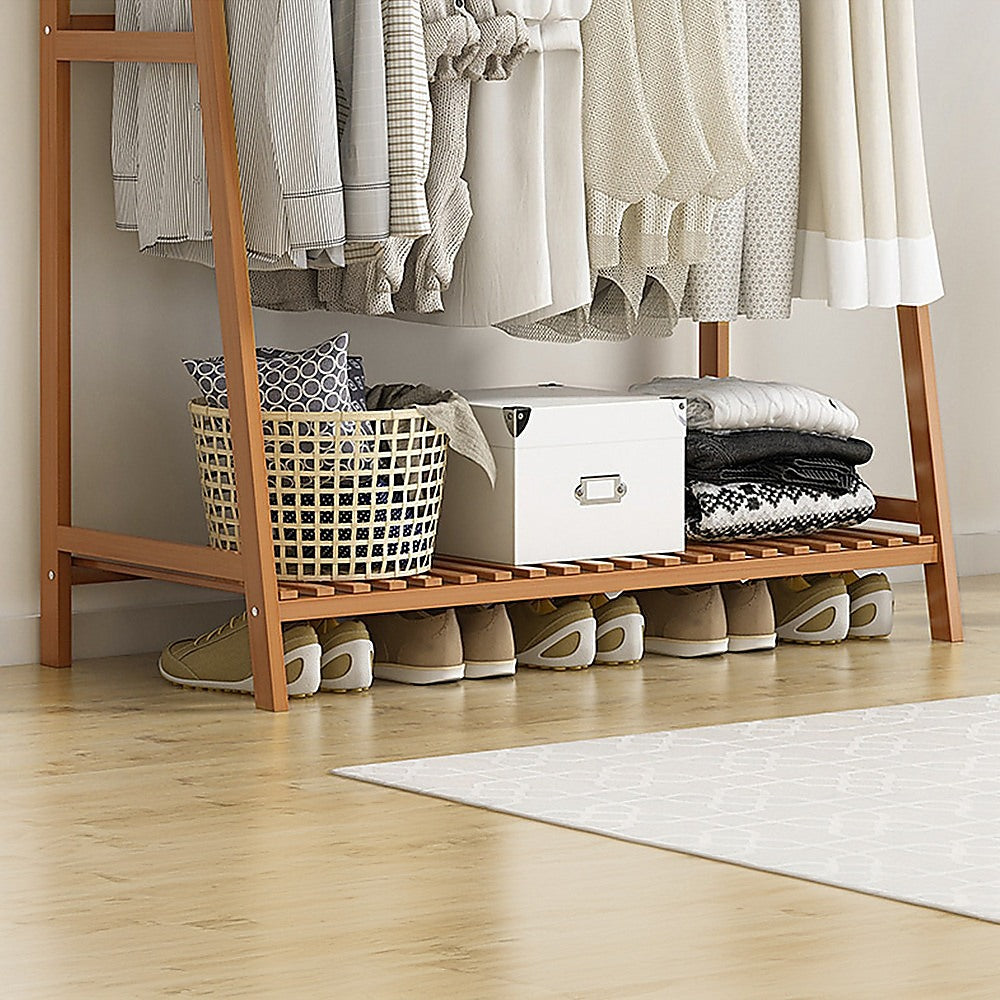 Clothing & Wardrobe Storage: Portable Clothes Rack Coat Garment Stand Bamboo Rail Hanger Airer Closet