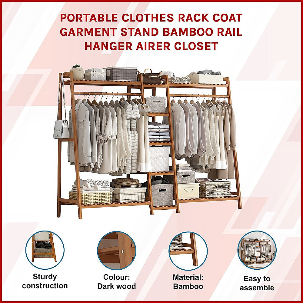Clothing & Wardrobe Storage: Portable Clothes Rack Coat Garment Stand Bamboo Rail Hanger Airer Closet