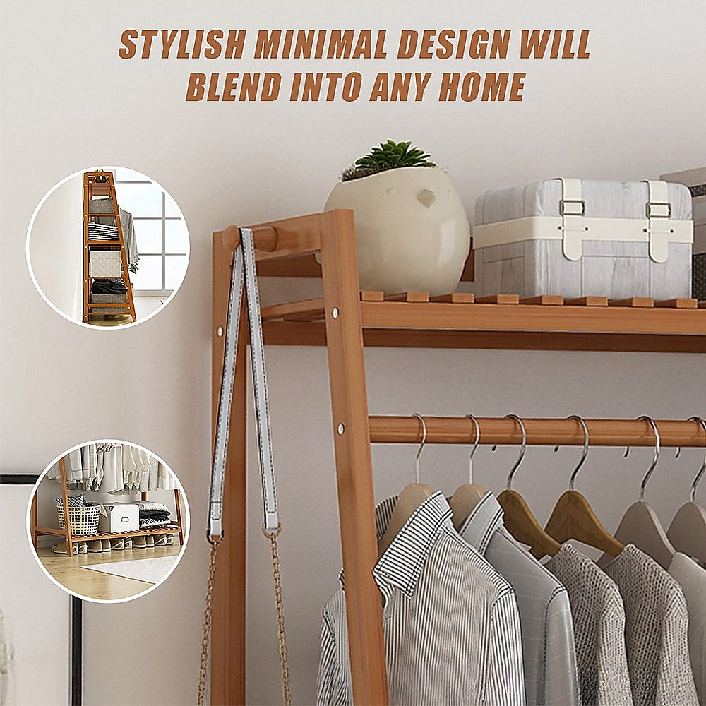 Clothing & Wardrobe Storage: Portable Clothes Rack Coat Garment Stand Bamboo Rail Hanger Airer Closet